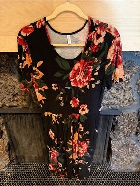 Dolls Kill Black Floral Midi Dress with Red & Pink Blooms